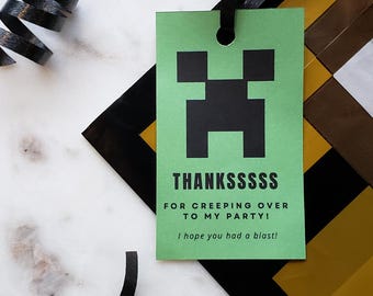 Minecrafter Pixel Craft Creeper Birthday Favor Thank You Gift Tags for Goodie Grab Bags