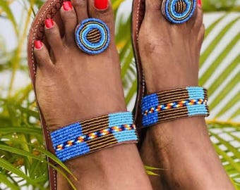 Sandalias africanas con cuentas hechas a mano: zapatos bohemios de cuero para mujer