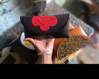Handmade Leather Beaded Clutch, Maasai African Purse