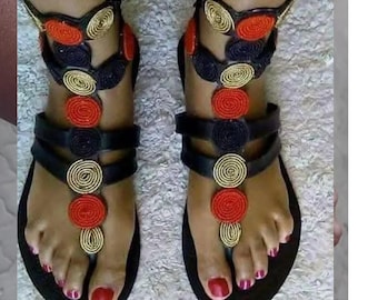 Sandalias africanas con cuentas hechas a mano: zapatos bohemios de cuero para mujer
