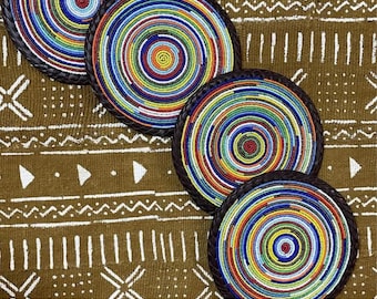 Lot de 6 sous-verres en cuir du Kenya faits main avec perles massaï – Décoration d'intérieur africaine
