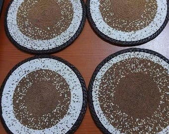 Set of 4 Handmade Beaded Table Placemats with Leather | African Beaded Dining | Heat-Resistant & Durable
