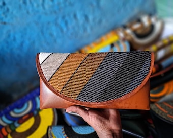 Handmade Leather Beaded Clutch, Maasai African Purse