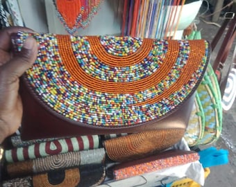 Handmade Leather Beaded Clutch, Maasai African Purse