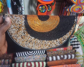Handmade Leather Beaded Clutch, Maasai African Purse