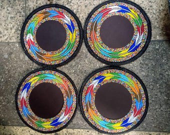 Set of 4 Handmade Beaded Table Placemats with Leather | African Beaded Dining | Heat-Resistant & Durable