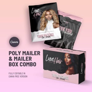 May include: A combo set of black and white Luxe Hair packaging, including poly mailers and a box. The packaging features images of women with long hair, the text "Your Package Has Arrived," and "Thank You for Your Purchase!"