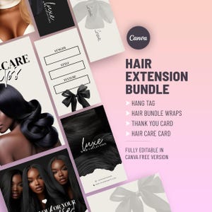 Könnte beinhalten: Werbebild für ein Haarverlängerungs-Bundle. Das Design zeigt verschiedene Marketingmaterialien, darunter Anhänger, Haarsträhnenverpackungen, Dankeskarten und Haarpflegekarten. Der Text "Hair Extension Bundle" ist prominent dargestellt, zusammen mit dem Canva-Logo.