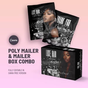 Può includere: Combo di scatola e sacchetto postale neri con la scritta "LUXE HAIR Collection" e un ritratto di donna. Il sacchetto e la scatola includono anche la scritta "YOUR PACKAGE Has Arrived" e "THANK YOU". Completamente modificabile in Canva.