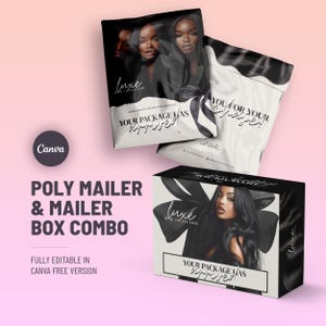 May include: A combo set of poly mailers and a mailer box. The packaging features images of a woman with long black hair. The text on the packaging reads "Luxe Hair Collection" and "Your Package Has Arrived". The background is a gradient of pink and white.