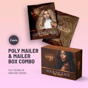 Könnte beinhalten: Braunes Poly-Mailer- und Mailer-Box-Kombination mit dem Text "Luxe Wigs" und "Your Package has arrived". Die Box und die Mailer zeigen Bilder von Frauen mit langen Haaren. Die Worte "Thank You for your purchase" sind ebenfalls sichtbar.