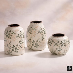 Può includere: Tre vasi in ceramica con un design floreale. I vasi sono bianco sporco con un bordo marrone e sono decorati con motivi floreali verdi e color pesca. I vasi variano per dimensioni e forma, uno dei quali è sferico.