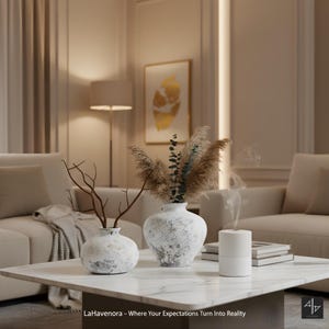 Op de afbeelding: Een woonkamer met een witte marmeren salontafel met decoratieve vazen en een diffuser. De vazen bevatten gedroogde planten en takken. Een bank en kunstwerken zijn op de achtergrond. De tekst "LaHavenora - Where Your Expectations Turn Into Reality" staat onderaan.