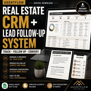 May include: A digital download real estate CRM and lead follow-up system featuring a laptop, tablet, and smartphone displaying lead dashboards, buyer follow-up scripts, and lead pipelines with text including Agentflow and Track Follow Up Convert.