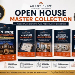 May include: The Agent Flow Open House Master Collection includes four complete systems for real estate agents. The set features a main box and four individual guides: Follow-Up Kit, Success Bundle, Ultimate Open House Bundle, and Marketing Kit.