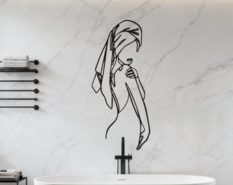 Metal Line Art, Woman with Towel, Bathroom Wall Decor