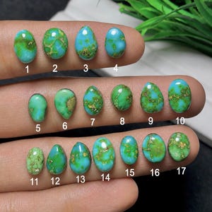 May include: Seventeen loose turquoise gemstones in various oval and teardrop shapes, displaying vibrant blue and green hues with intricate brown matrix veining. Each stone is individually numbered from 1 to 17 for clear identification.