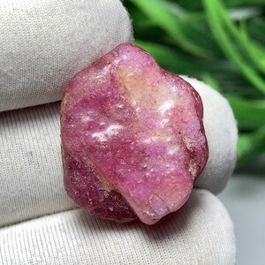 Puede incluir: Una gema en bruto, sin pulir, de un tono rosa intenso, que muestra variaciones naturales de color y textura. La piedra tiene una forma ligeramente irregular y parece estar sujeta por una tela blanca. La superficie de la gema tiene un brillo sutil.