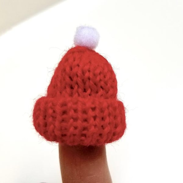 Mini knit beanie hats, red with white pom pom - Perfect for Fairy Gardens, doll house decor, miniature decorations, Christmas winter crafts