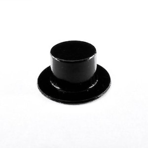 May include: A black top hat with a wide brim. The hat is made of a smooth, shiny material.