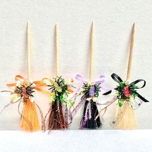 Decorated Miniature Witch Broom 5 Inch Natural Wood - Perfect for Fairy Gardens, Doll Houses, Halloween Mini Witches, Crafts, Tiered Trays