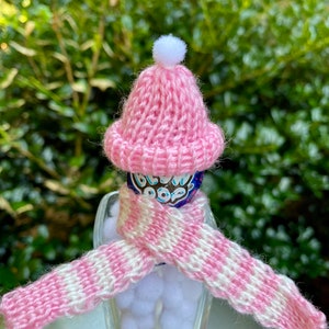 Mini knit beanie hats, Pink with white pom pom - Perfect for Fairy Gardens, doll house decor, miniature decorations, Christmas winter craft