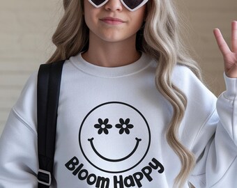 Bloom Happy Smiley Face Kids Sweatshirt Flower Eyes, Cute Positive Vibe Top, Aesthetic Kids Smiley Flower Sweater, Trendy Girls Boys Shirt