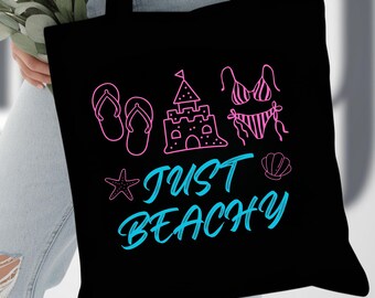 Just Beachy Canvas Tote Bag, Summer Beach Tote, Coastal Canvas Bag, Beach Vacation Tote, Ocean Lover Gift, Cute Beach Tote, Everyday Tote