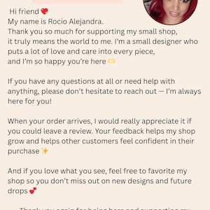 May include: A cream-colored card with the text "Rocio Alejandra - Designs" and a butterfly illustration. The card includes a message from Rocio Alejandra, thanking customers for their support and encouraging reviews.