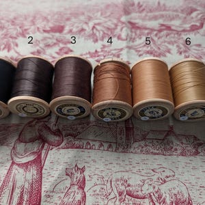 Peut inclure: Six bobines de fil de différentes nuances de marron et de noir sont alignées. Les couleurs des fils varient du noir foncé au beige clair. Les bobines sont en bois et portent des étiquettes. Le fond est un tissu à motifs rouges et blancs.