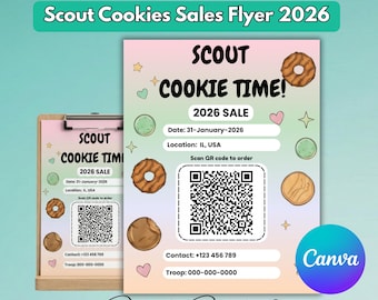 Bearbeitbarer Cookie Sales Flyer 2026 mit QR-Code-Cookie-Verkaufsflyer 2026-Schild, bearbeitbare Canva-Vorlage, druckbares Cookie Booth Poster