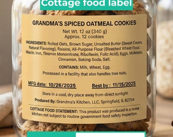 Cottage Lebensmittel Etikett für Kekse | Druckbares 4x3 Produktgesetz-Etikett | Oma Style Bäckerei Label | Digitaler Download