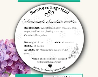 Bearbeitbares Cottage Lebensmitteletikett, Cottage Law Cookie, Kekszutatenetikett, DIY Bäckereiaufkleber (Canva, digitaler Download)