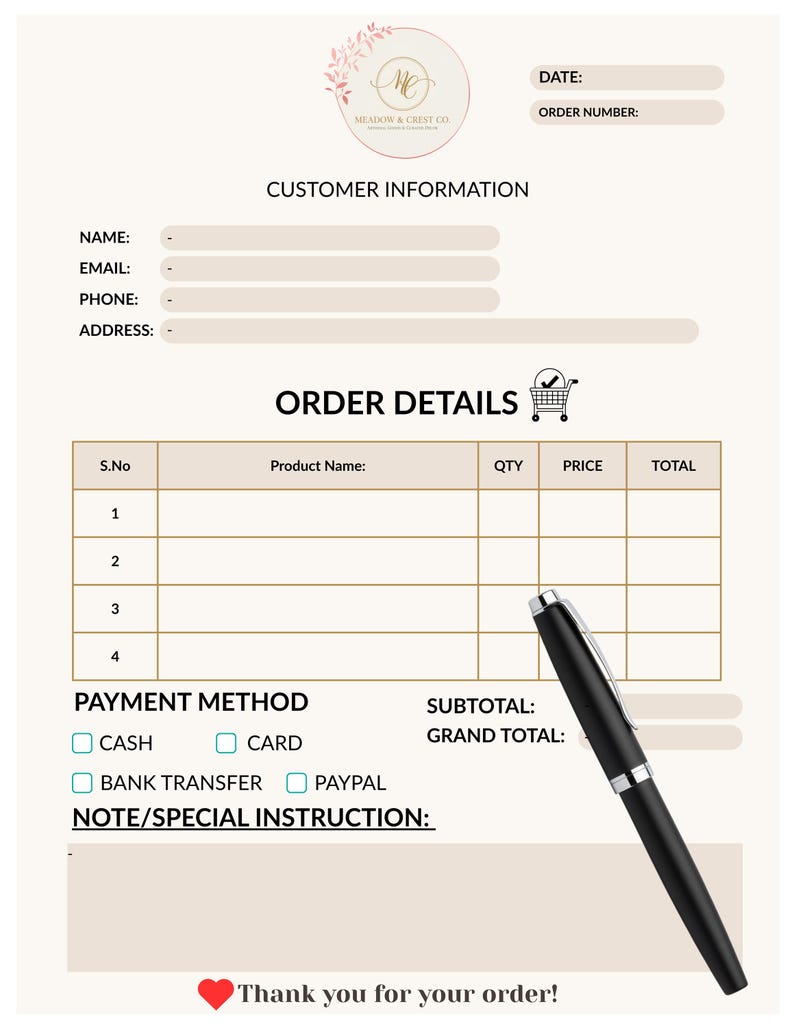 Editable Custom Order Form Template for Small Business Cottage Business ...