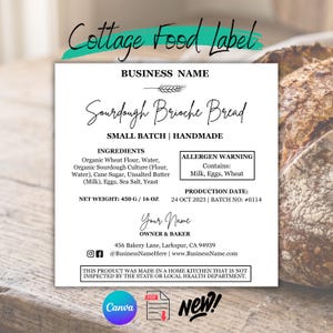 Cottage Food Label Template | Summer Bakery Packaging | Sourdough Bread Sticker | Cookie Bag Label |wedding gift cookie | Canva PDF