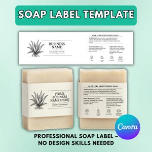 May include: Two bars of soap with labels featuring an aloe vera plant illustration. The labels read "Aloe Vera Moisturizing Soap" and include ingredient and benefit details. The text "Soap Label Template" is at the top.