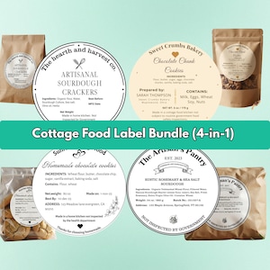 Pode incluir: Um conjunto de rótulos para alimentos caseiros, incluindo rótulos para bolachas de massa madre, biscoitos com pepitas de chocolate, biscoitos de chocolate caseiros e massa madre rústica com alecrim e sal marinho. Cada rótulo mostra ingredientes, peso líquido e datas de validade.