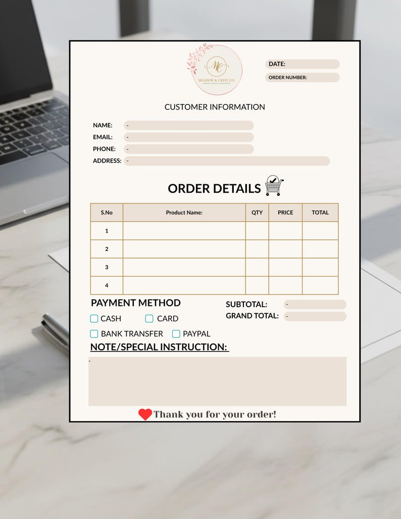 Editable Custom Order Form Template for Small Business Cottage Business ...