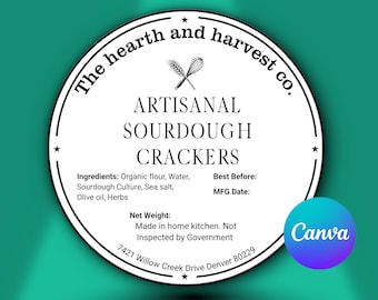 Bearbeitbare 2x2 Zoll Cottage Lebensmitteletikettenvorlage | DIY Bäckerei Aufkleber | Cottage Law Label zum Ausdrucken | Canva bearbeitbares Kreis-Zutatenetikett