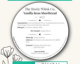 Bearbeitbares Cottage Lebensmitteletikett Etikettenvorlage Kalifornien | Druckbare 2x4 runde Produkt-Aufkleber für Bäckerei, Cottage Essen & kleine Unternehmen