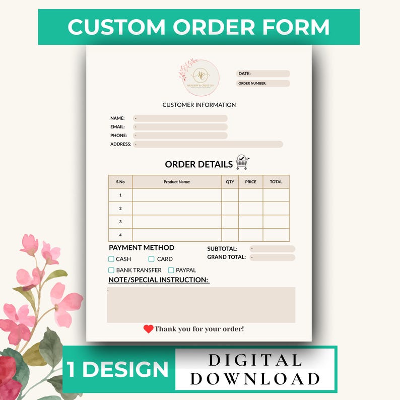 Editable Custom Order Form Template for Small Business Cottage Business ...