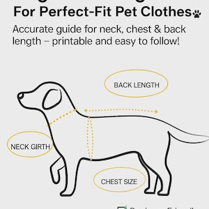 Può includere: Un grafico di misurazione per cani stampabile per abbigliamento per animali domestici. Il grafico include un diagramma di un cane con aree etichettate per la circonferenza del collo, la dimensione del torace e la lunghezza della schiena. Il testo indica che è facile da usare.