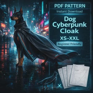May include: A digital illustration of a Doberman Pinscher wearing a black cyberpunk cloak, set against a futuristic city backdrop. The image includes the text "PDF PATTERN Instant Download Dog Cyberpunk Cloak XS-XXL Beginner Friendly".
