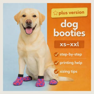 May include: A smiling yellow Labrador dog wearing pink and blue patterned dog booties. The image includes text that reads "plus version dog booties xs-xxl" and lists "step-by-step", "printing help", and "sizing tips".
