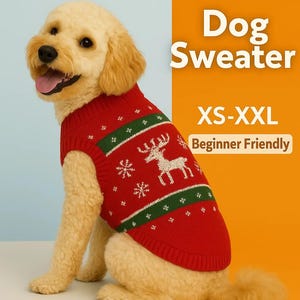May include: A golden retriever wearing a red dog sweater with a white reindeer and snowflake design. The sweater has green stripes and is labeled "XS-XXL" and "Beginner Friendly". The image also includes the text "PDF Pattern" and "Dog Sweater".