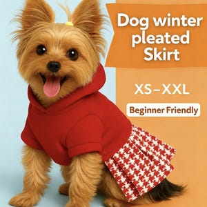 Op de afbeelding: Een kleine hond draagt een rode hoodie en een rood-wit patroon geplooide rok. De afbeelding bevat de tekst "Dog winter pleated skirt" en "XS-XXL". De achtergrond is een verloop van blauw en oranje.