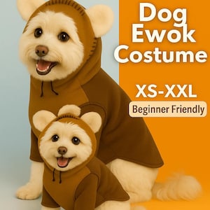 Könnte beinhalten: Zwei Hunde in braunen Ewok-Kostümen. Die Kostüme haben Kapuzen mit angenähten Ohren. Das Bild enthält den Text "Dog Ewok Costume" und "XS-XXL Beginner Friendly". Der Hintergrund ist ein Farbverlauf aus Blau und Orange.