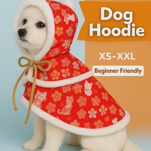 Könnte beinhalten: Ein weißer Hund trägt einen roten Hunde-Hoodie mit weißem Besatz und einer goldenen Krawatte. Der Hoodie ist mit orangefarbenen Blumen und Katzenillustrationen verziert. Der Text auf dem Bild lautet "Dog Hoodie", "XS-XXL" und "Beginner Friendly".