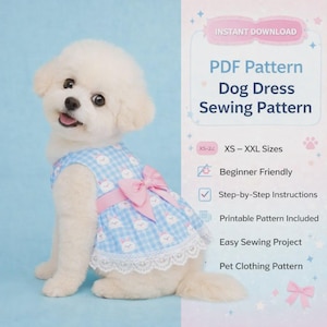 May include: A small, fluffy white dog wearing a blue and white gingham dress with a pink bow. The dress has a white lace trim. Text on the right side reads "PDF Pattern Dog Dress Sewing Pattern" and "XS-XXL Sizes".