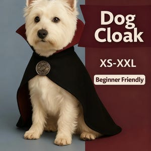 May include: A white dog wearing a black and burgundy dog cloak with a decorative clasp. The image includes text that reads "Dog Cloak" and "XS-XXL". The background is a gradient of blue and burgundy.